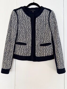 Ann Taylor Navy Cream Tweed Boucle Jacket Knit Trim Collarless Size 0
